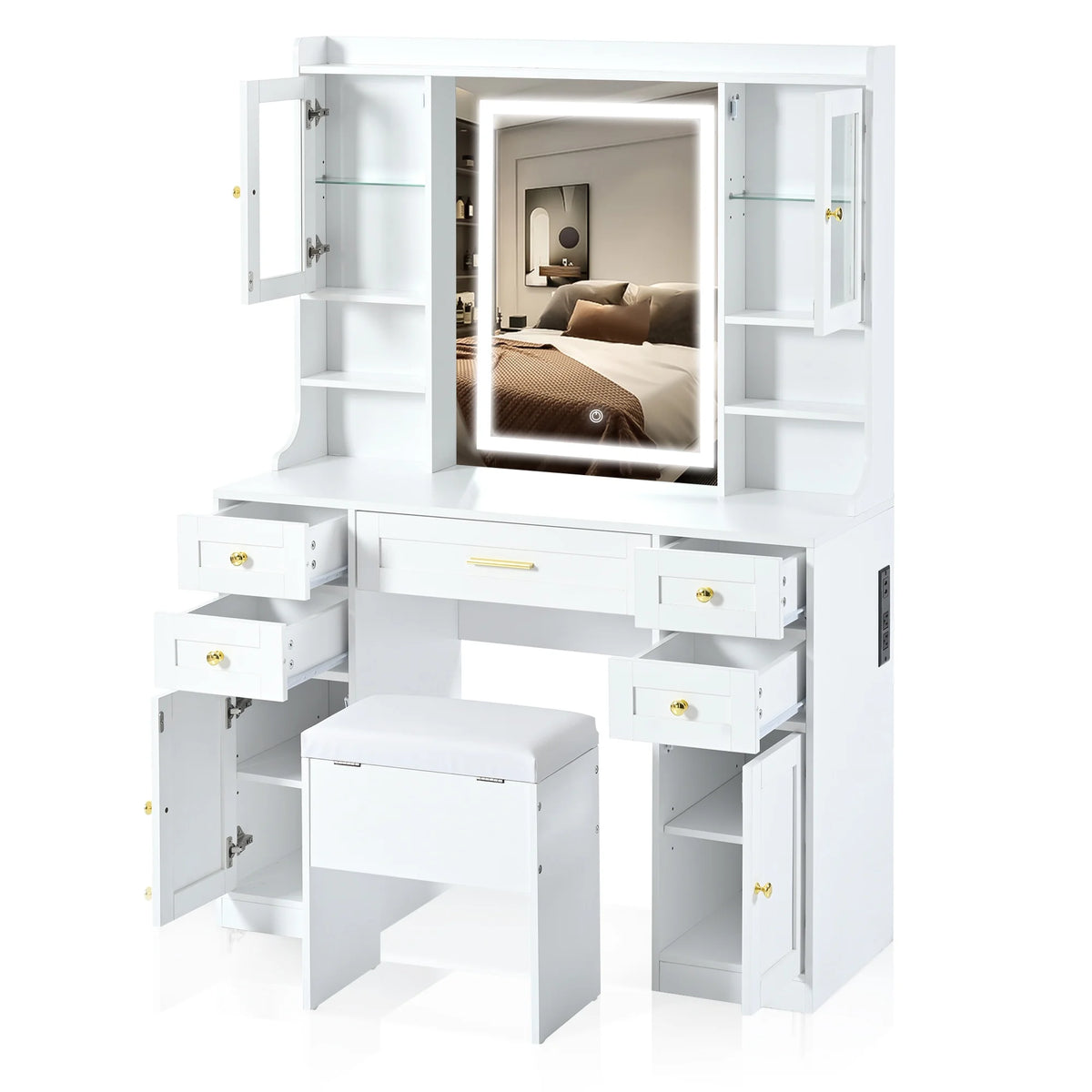 PORKISS Makeup Vanity with Mirror, Vanity Desk Set with 3 Colors Lights, Charging Station and Cushioned Storage Stool, Modern Dressing Table with 5 Drawers and 4 Cabinets for Bedroom, White