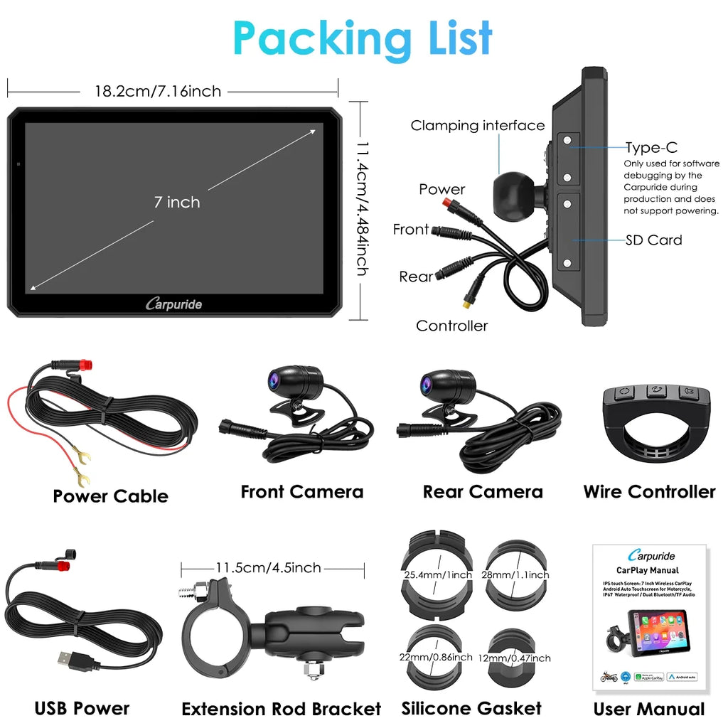 Carpuride Motorcycle HD Dual 1080P Dash Cam, Wireless Apple CarPlay & Android Auto Wire Control, Horizontal  Vertical Rotation 7" Touch Screen (712D)