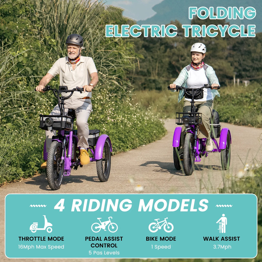 MOONCOOL TK1 Folding Electric Tricycle for Adults,48V 14.5Ah Removable battery, 500W��Peak 1000w��Motor, 20" Fat Tire Step-Thru 3Wheel Electric Bicycle w/Front&Rear Baskets, Certified to UL 2849 by SGS