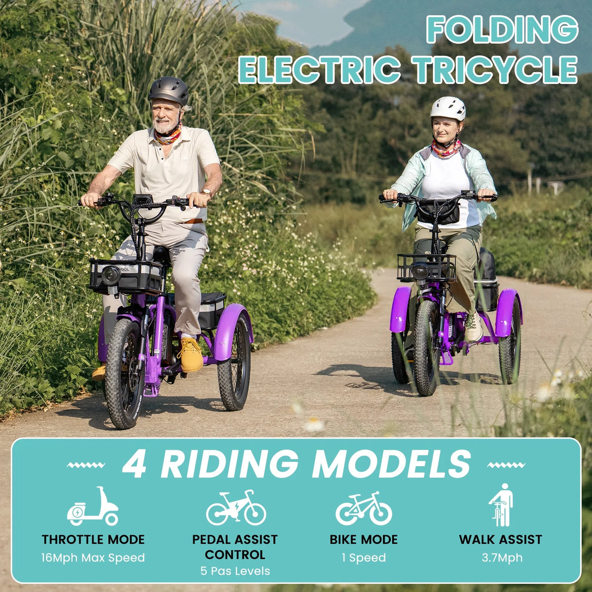 MOONCOOL TK1 Folding Electric Tricycle for Adults,48V 14.5Ah Removable battery, 500W��Peak 1000w��Motor, 20" Fat Tire Step-Thru 3Wheel Electric Bicycle w/Front&Rear Baskets, Certified to UL 2849 by SGS
