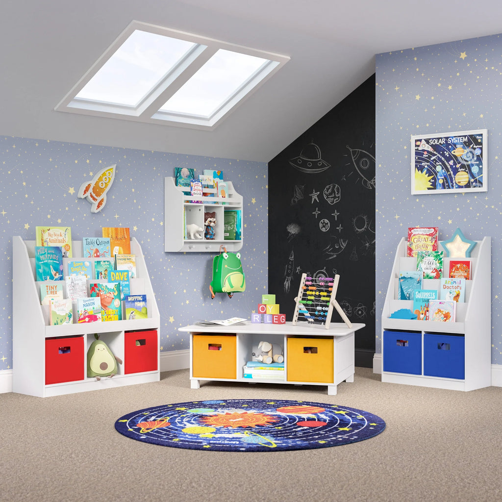 RiverRidge Kid Bookshelf Toy Storage Organizer with 4 Bookracks 2 Cubbies and 2 Gray Bins
