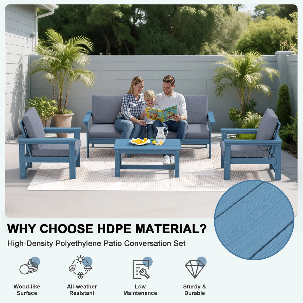 SERWALL Outdoor Patio Furniture Set, 7-Piece HDPE Outdoor Sofa Set Patio Conversation Set, Black Frame with Beige Cushions