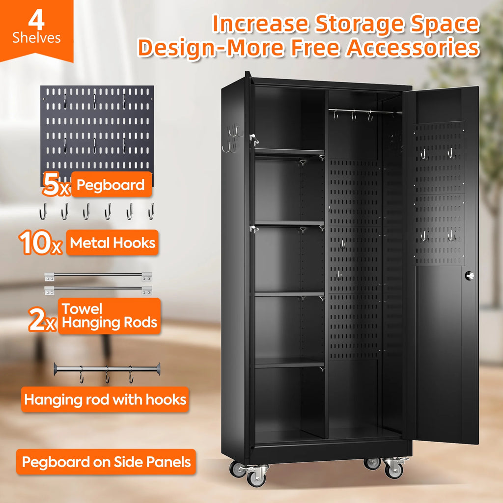 SUPEER 71" Metal Storage Cabinets with Wheels and Pegboards, Industrial Cabinet with 2 Drawers and 2 Adjustable Shelves,, Assembly Required