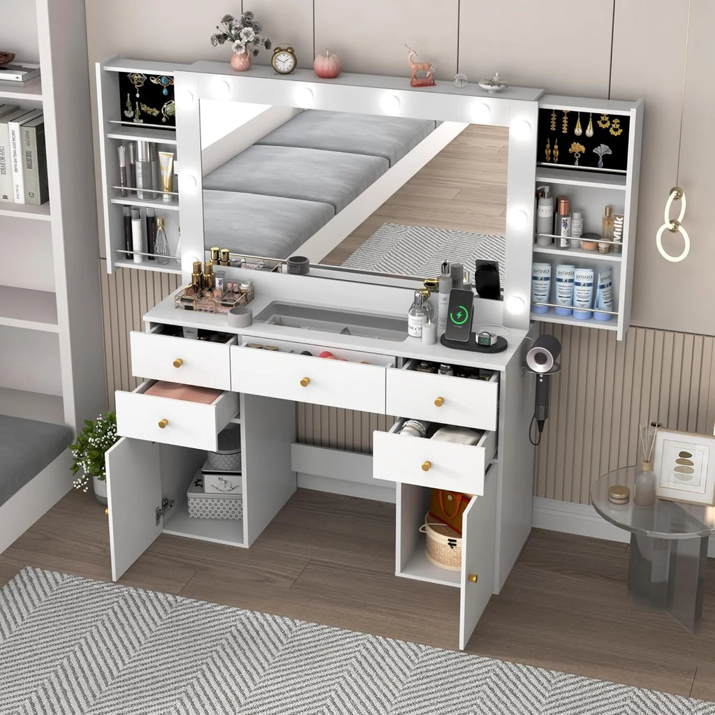White Vanity Desk with Large Lighted Mirror & Power Outlet, Makeup Vanity Table with Glass Top & Drawers, Sliding Storage, 44.1" Large Makeup Vanity Table for Women Girls, White