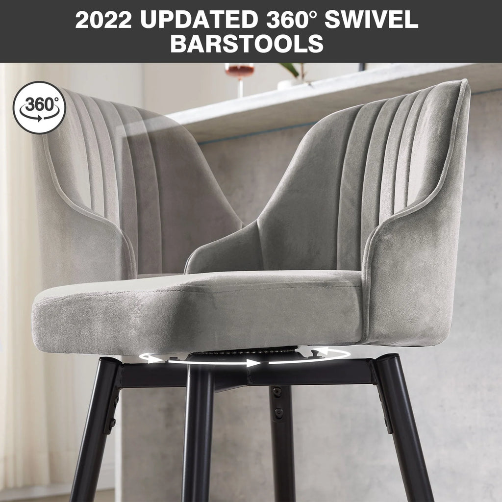 Omni House 25" Swivel Counter Height Bar Stools Set of 4, Velvet Upholstered Bar Stool with Low Back and Footrest,Stools for Pub Island Home Kitchen,Gray
