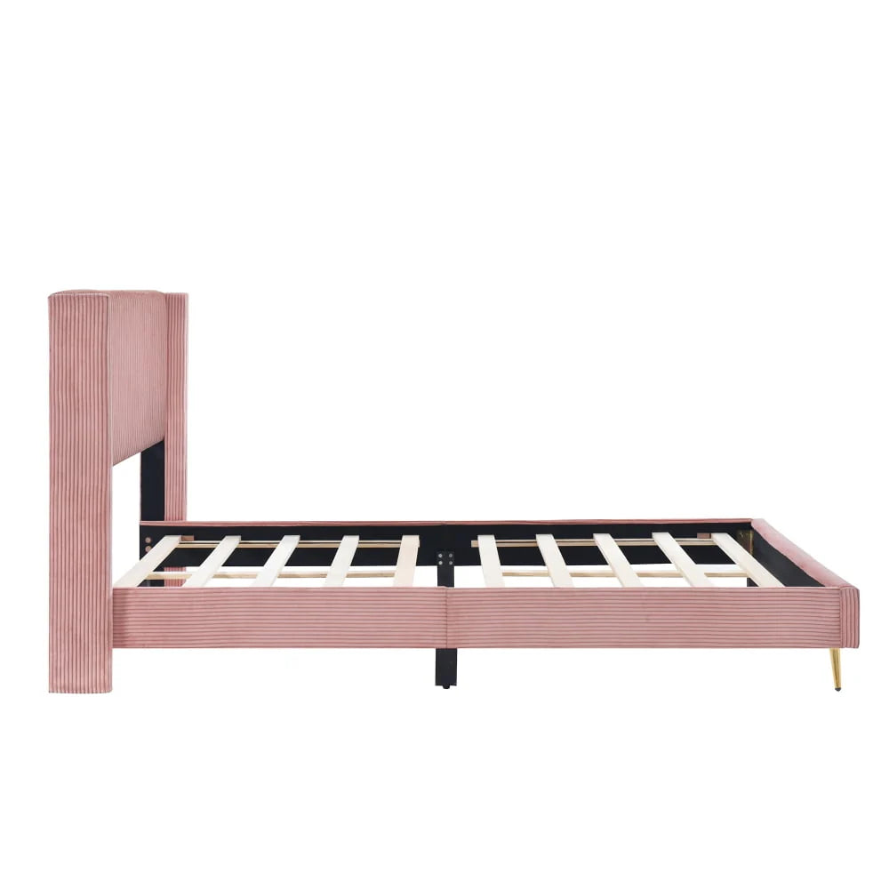 Queen Size Corduroy Platform Bed with Wingback Headboard,Wood Corduroy Platform Bed with Metal Legs and Slats Support,Upholstered Bed Frame for Kids Adult Bedroom,No Box Spring Needed,Pink