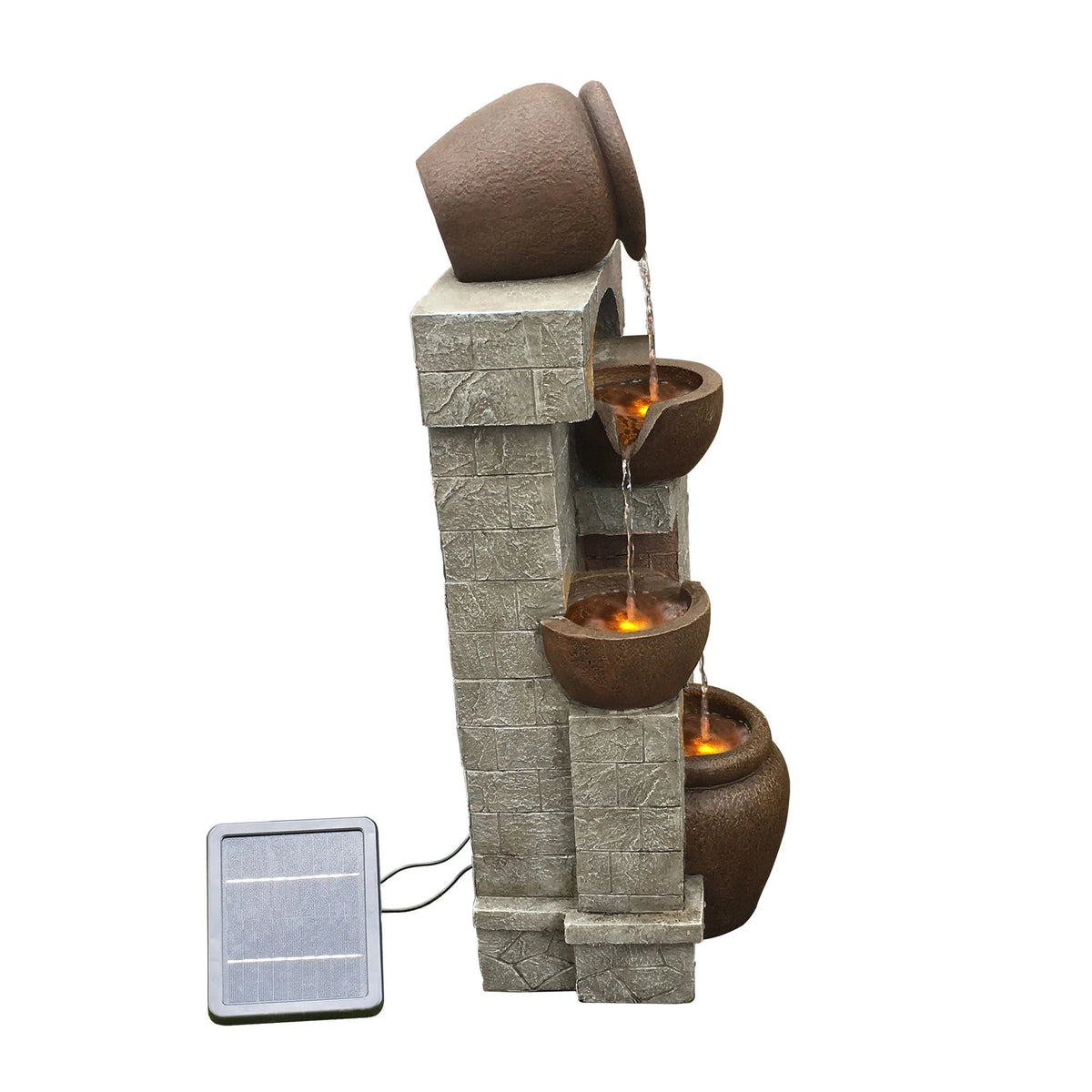 Teamson Home 28.5" Solar Powered 4-Tier Cascading Bowls & Stacked Stones Garden Water Fountain with LED Lights, Brown