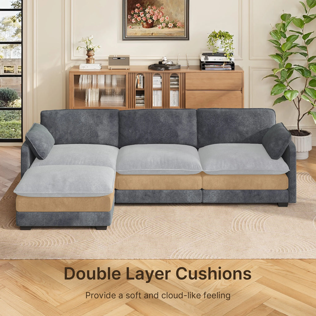110" Sectional Sofa, L-Shaped Sofa Couch with Deep Seat and Movable Footrest Sofa for Office|Living Room, Gray