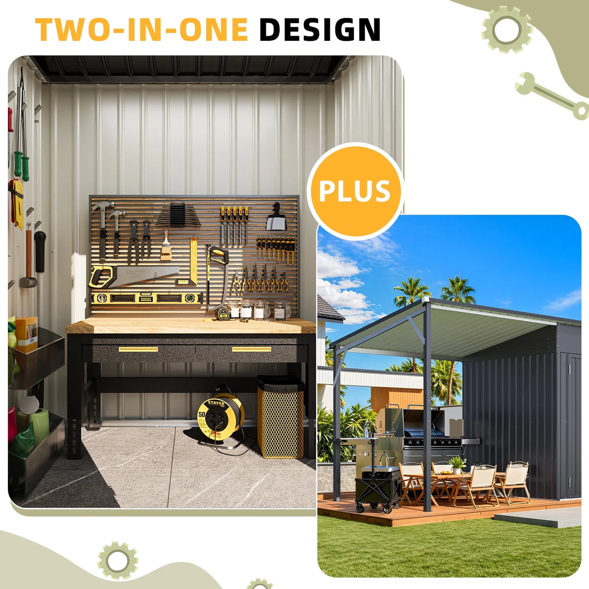 YODOLLA Outdoor Open-Sided Storage Shed, 3x5 Sheds & Outdoor Storage with 15 Sq. Ft Covered, 5x3 Small 2-in-1 Tool Shed with Attached Hardtop Metal Pergola Gazebo