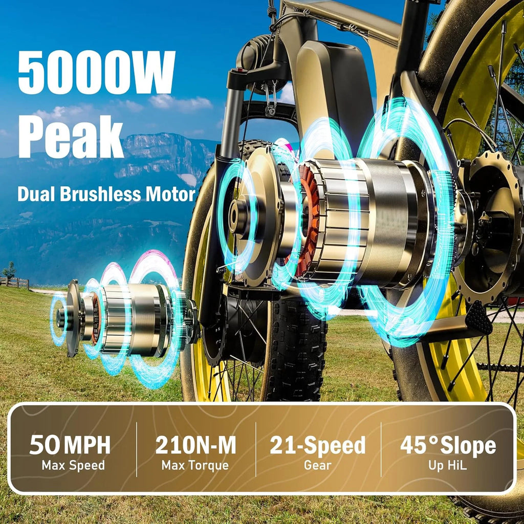 5000W (Peak) Electric-Bike for Adults, 60V 25AH Battery Electric Motorcycle, Dual-Motor-Ebike 50MPH Ebike, 26*4.0 Fat Tire Electric-Bicycle, AWD 21-Speed Mountain Bike for All-Road UL 2849