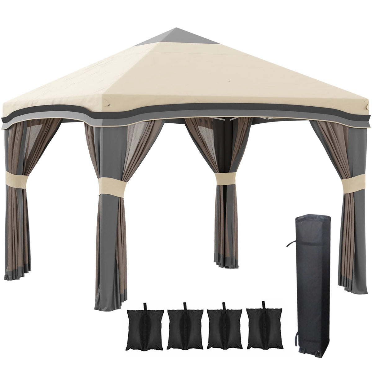 Outsunny 10' x 10' Pop Up Canopy with Nettings, Foldable Party Tent with Wheeled Carry Bag and 4 Sand Bags, Beige
