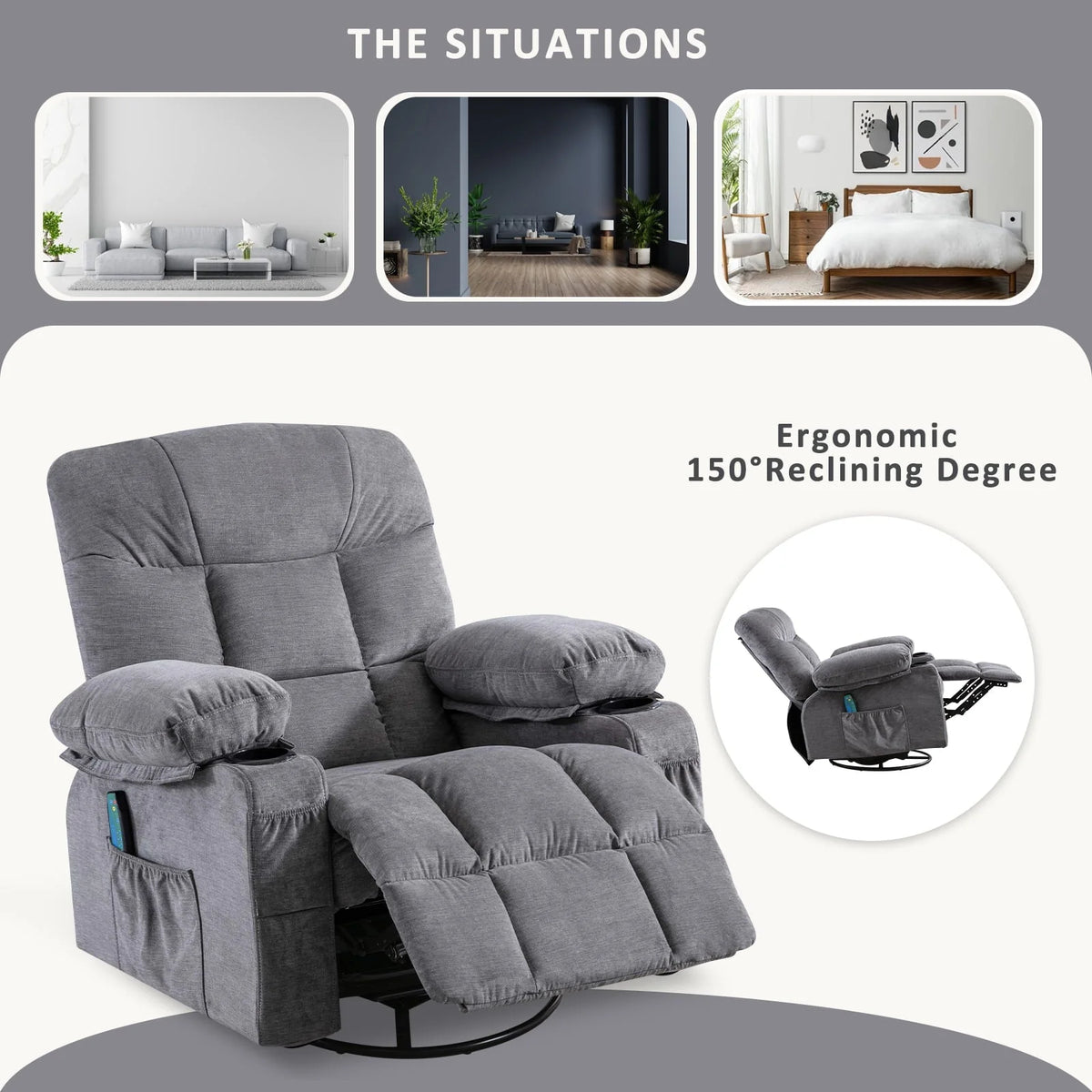 JONPONY Massage Rocker Recliner Chair, Stainless steel, Grey