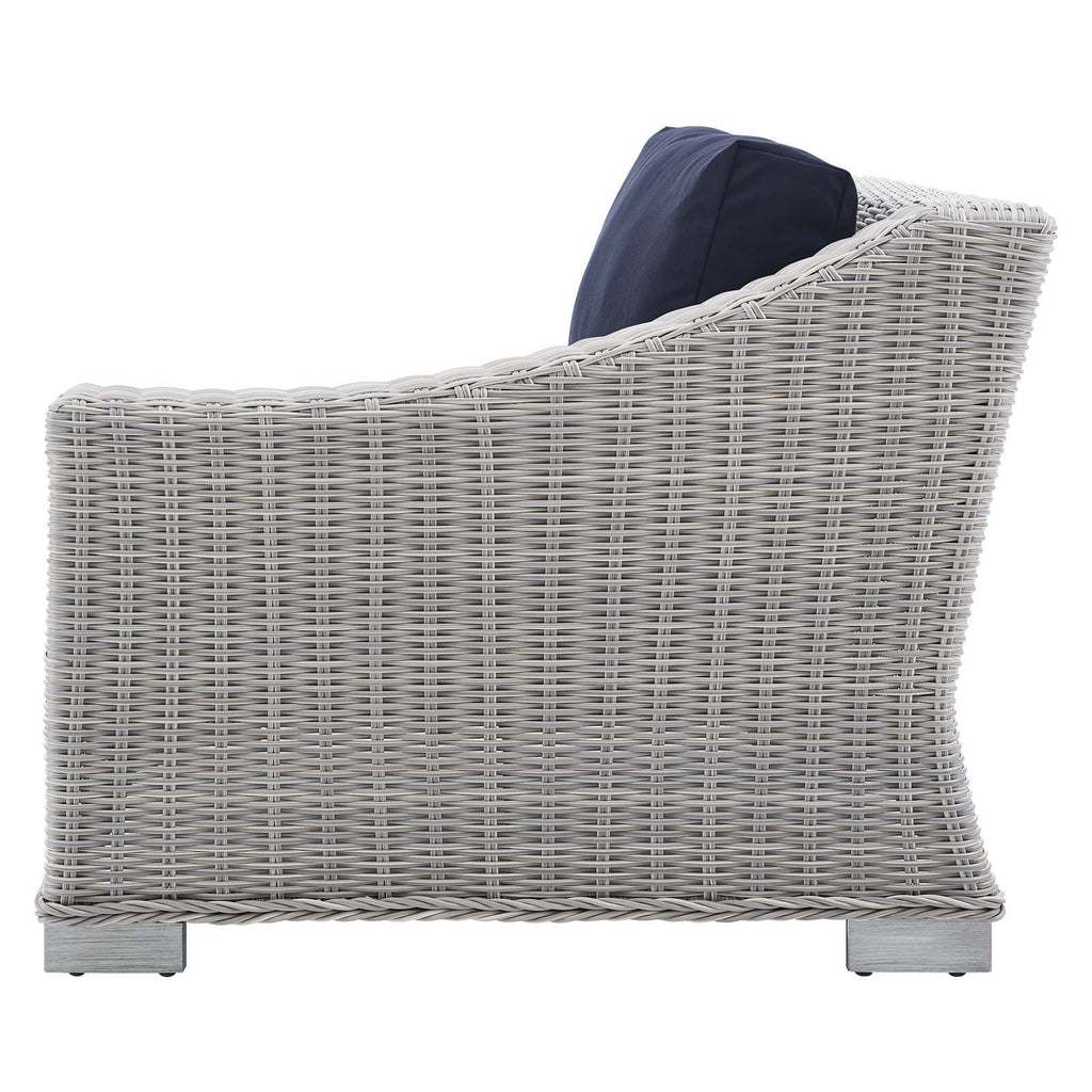 Lounge Sectional Sofa Chair Table Set, Rattan, Wicker, Light Grey Gray Blue Navy, Modern Contemporary Urban Design, Outdoor Patio Balcony Cafe Bistro Garden Furniture Hotel Hospitality