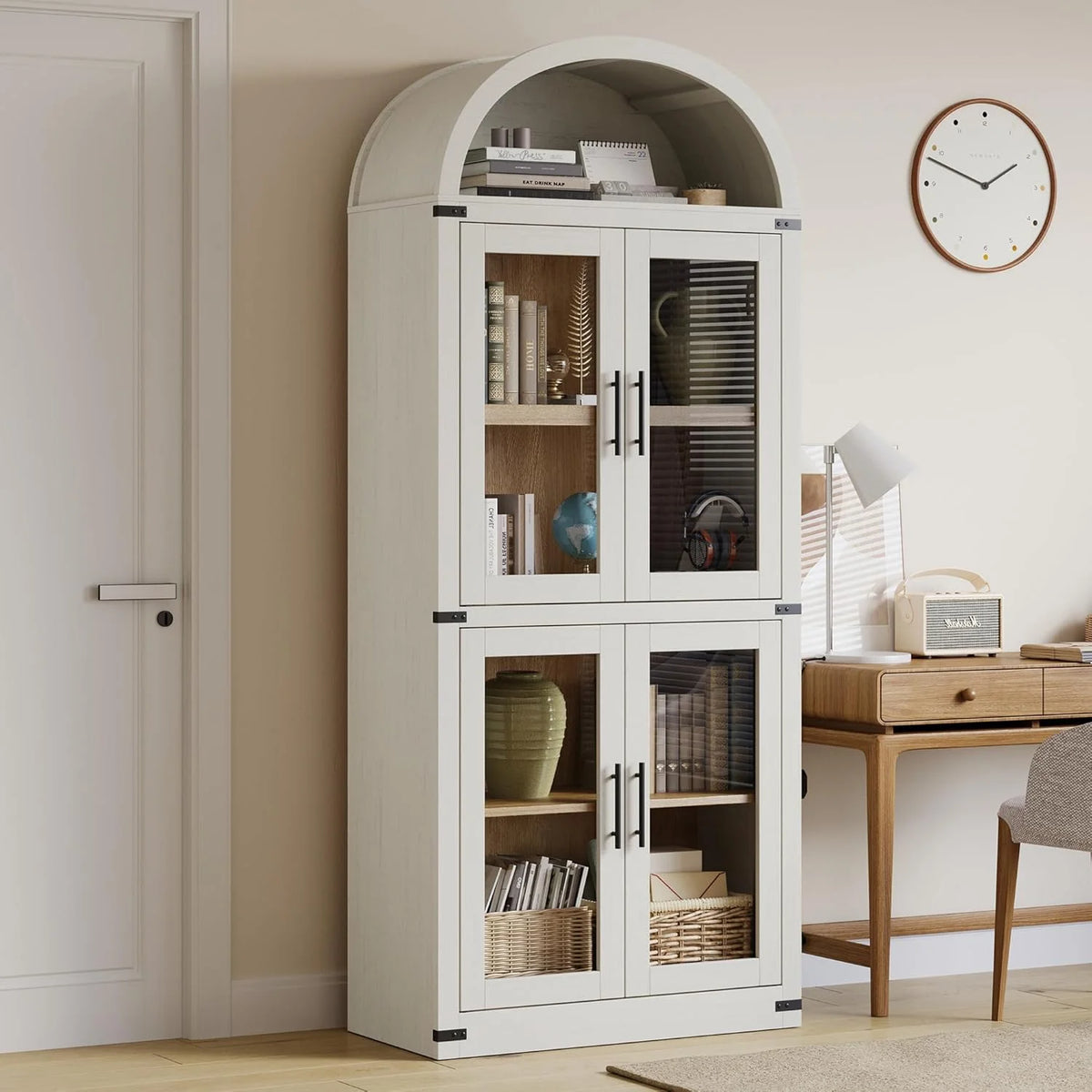 NEILA Arched Bookshelf with Doors - Glass Doors - 15.83 inches deep by 71.4 inches tall rustic ambiance premium wood display cabinet for living room, kitchen and office,Glass Door_Black