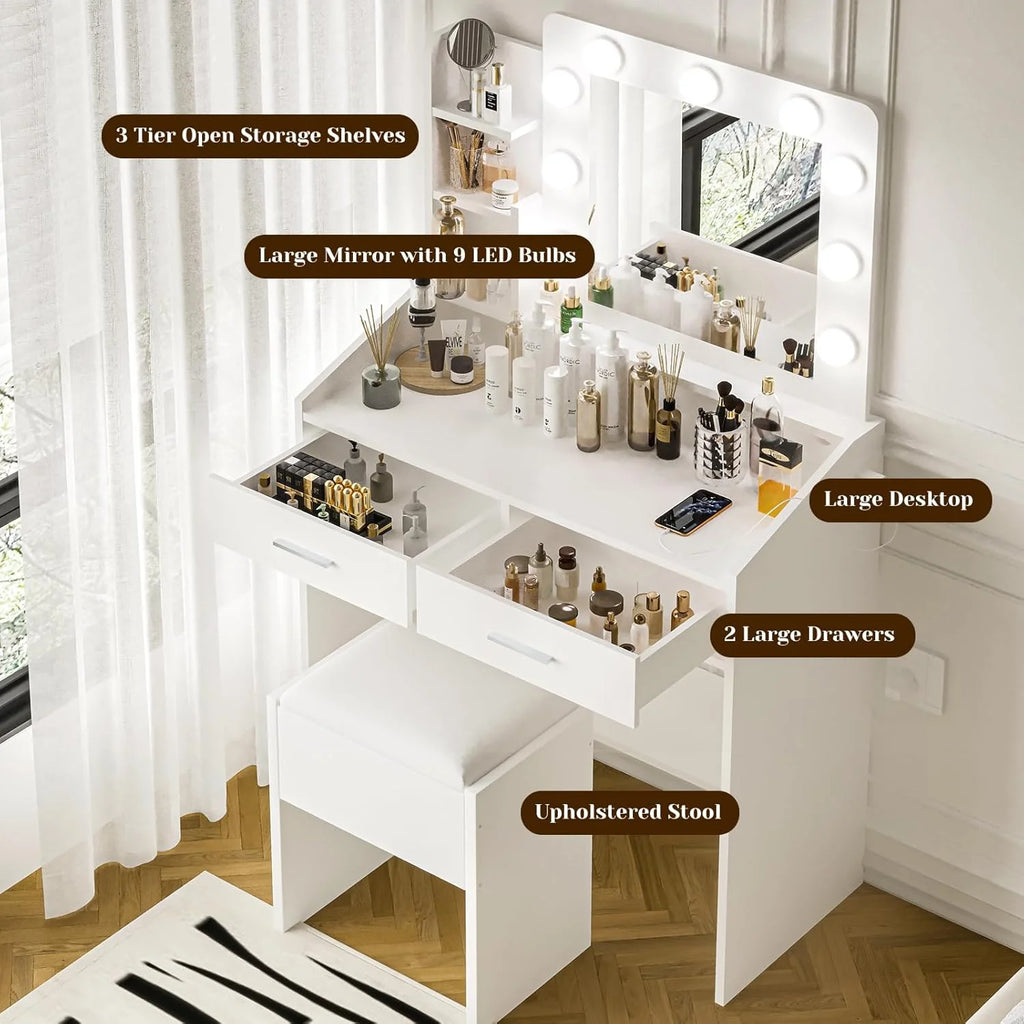 OYang Makeup Vanity with Lights, Vanity Desk with Mirror and Lights Set, Large Drawer and Two-Tier Lots Storage Cabinet, 3 Lighting Modes Adjustable Brightness