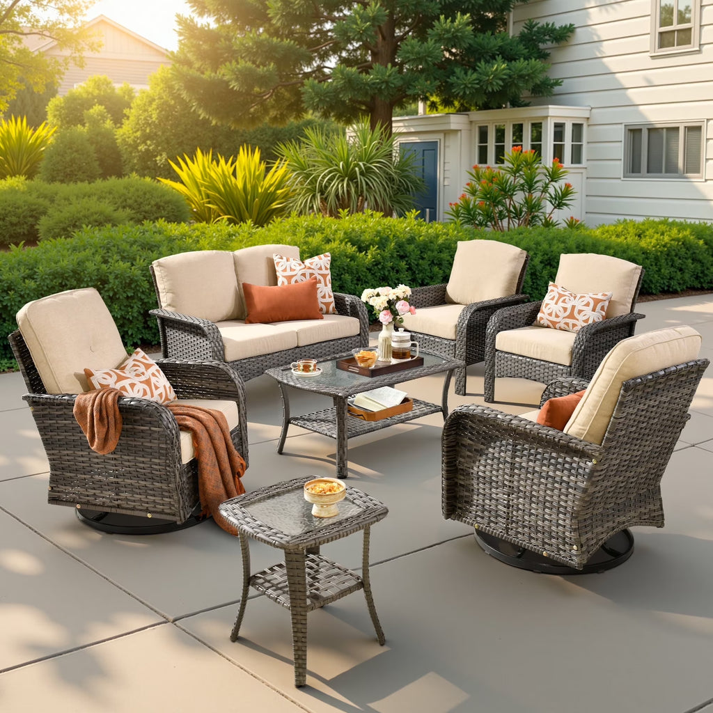 Ovios 5 Pieces Outdoor Patio Furniture Set High Back All Weather Wicker Conversation Set with Swivel Chairs & Coffee Table, Dark Gray