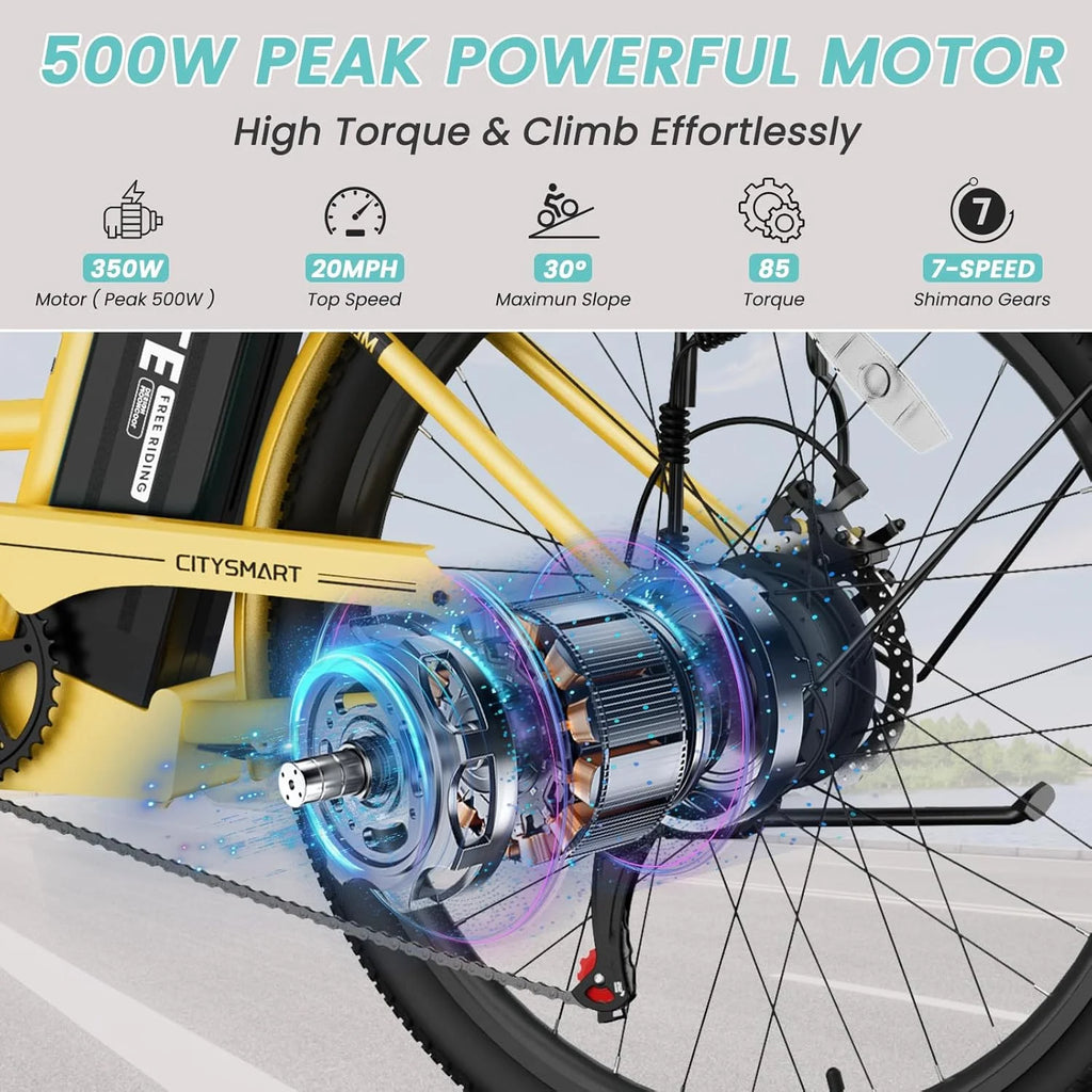 MOONCOOL Electric Bicycle for Adults 350W , 7-Speed Ebike with 36V 10.4Ah Removable Battery�� 40 Miles Range , 20 mph Electric Commuter Bike for Women Men, Certified to UL 2849 by SGS
