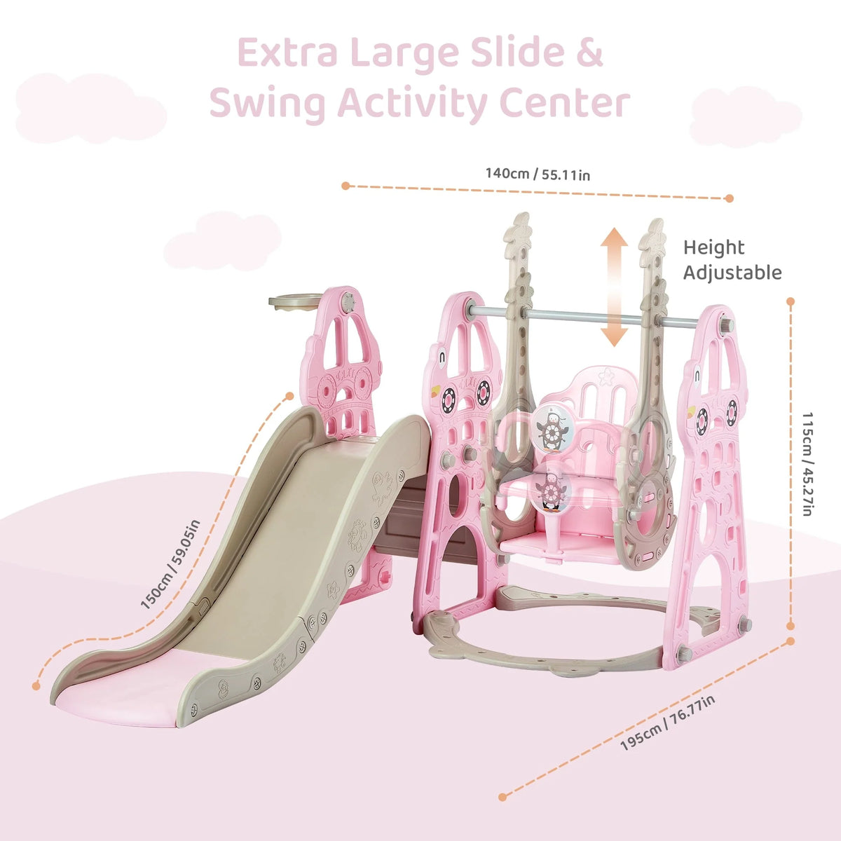 DUKE BABY 4-in-1 Kids Swing and Slide Set for Toddler Age 1-6, Extra Large Baby Indoor Outdoor Activity Playground with Basketball Hoop and Climber ??Pink