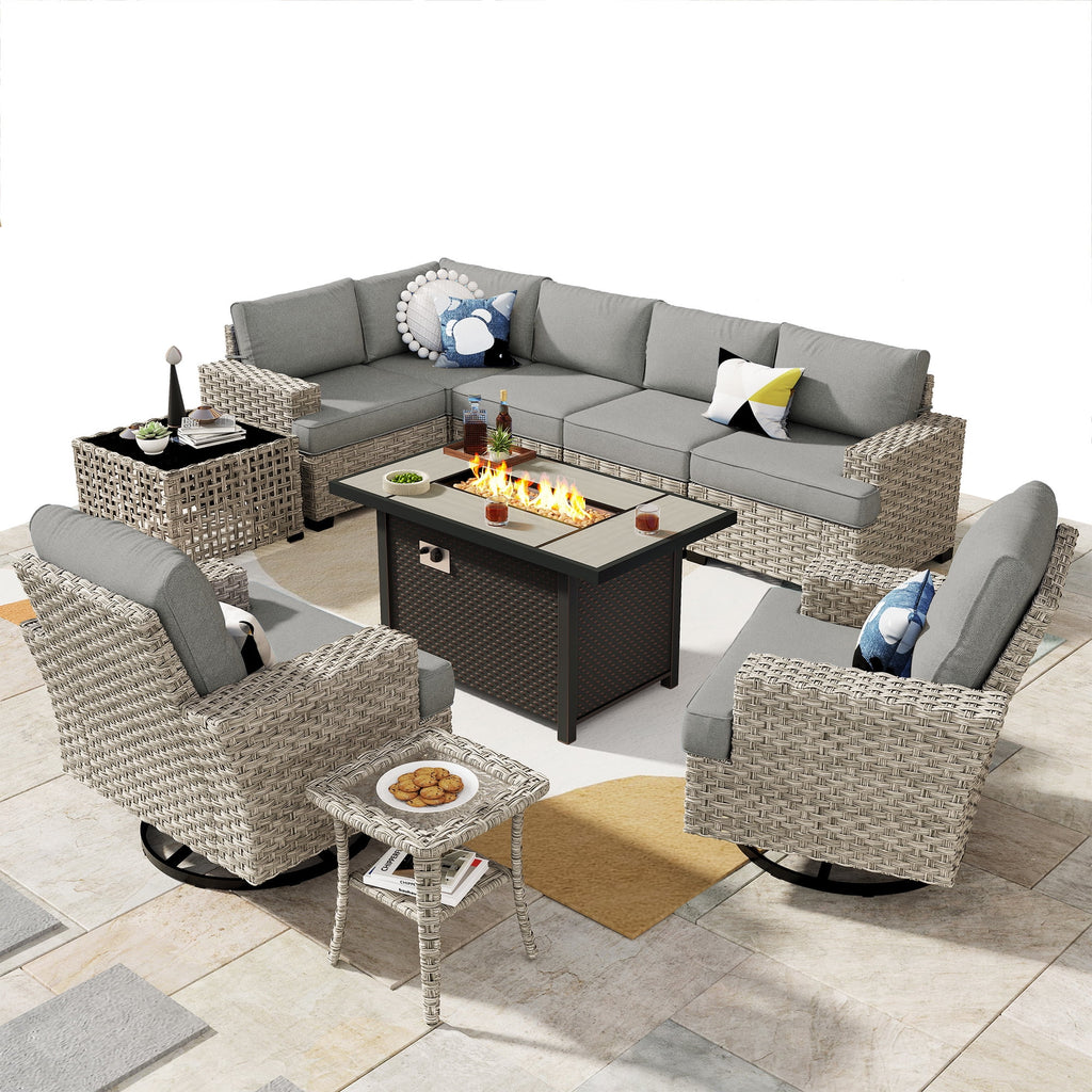 Ovios 10 Pieces Outdoor Patio Furniture Modern High-Back All-Weather Wicker Sectional Conversation Set with Propane Fire Pit Table & Swivel Chair, Dark Gray