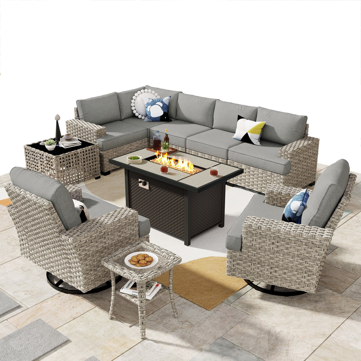 Ovios 10 Pieces Outdoor Patio Furniture Modern High-Back All-Weather Wicker Sectional Conversation Set with Propane Fire Pit Table & Swivel Chair, Dark Gray