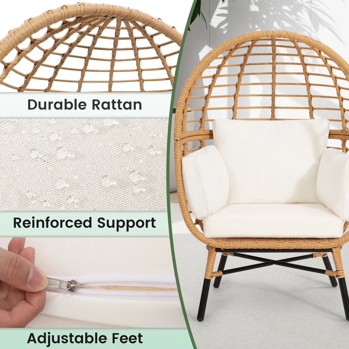 Skandiquip Oversized Rattan Adult Egg Chair, 360 Swivel, Outdoor Patio Chair with overstuffed Cushions, Indoor Large Wicker Egg Chair, Natural Rattan, Beige Cushion