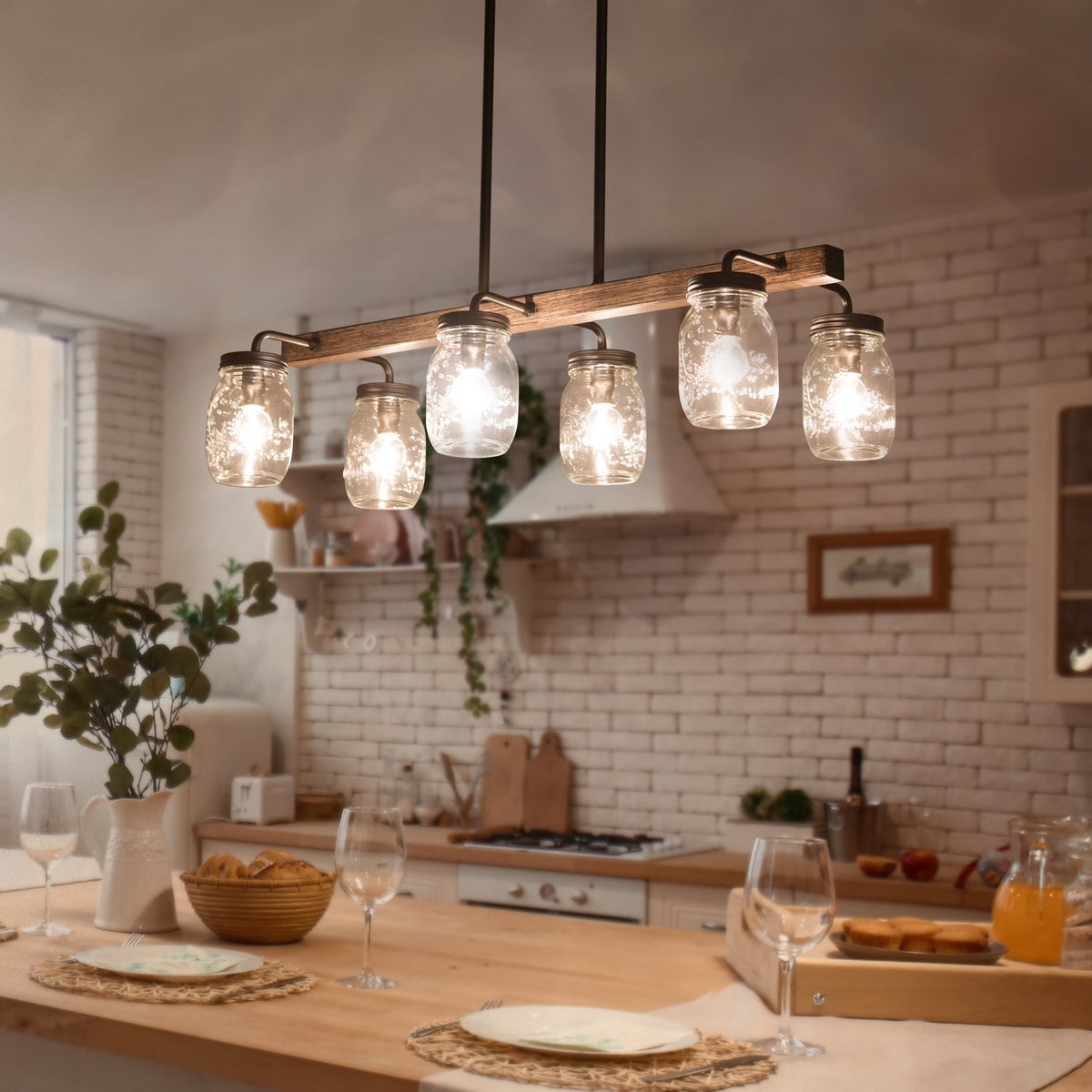 Modern Farmhouse 6-Light Chandelier Linear Island Lights for Kitchen Island Dining Room - L27.5" x W11"x H 71.5"