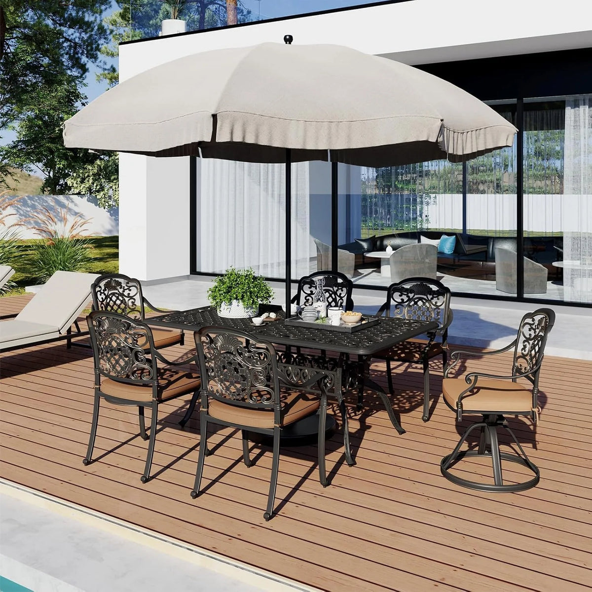 59.06" Cast Aluminum Outdoor Dining Table for 6�? People, Rust-Resistant All-Weather Metal Patio Table with 2" Umbrella Hole, Heavy-Duty Garden Furniture for Deck, Backyard, Dark Bronze, Only Desk