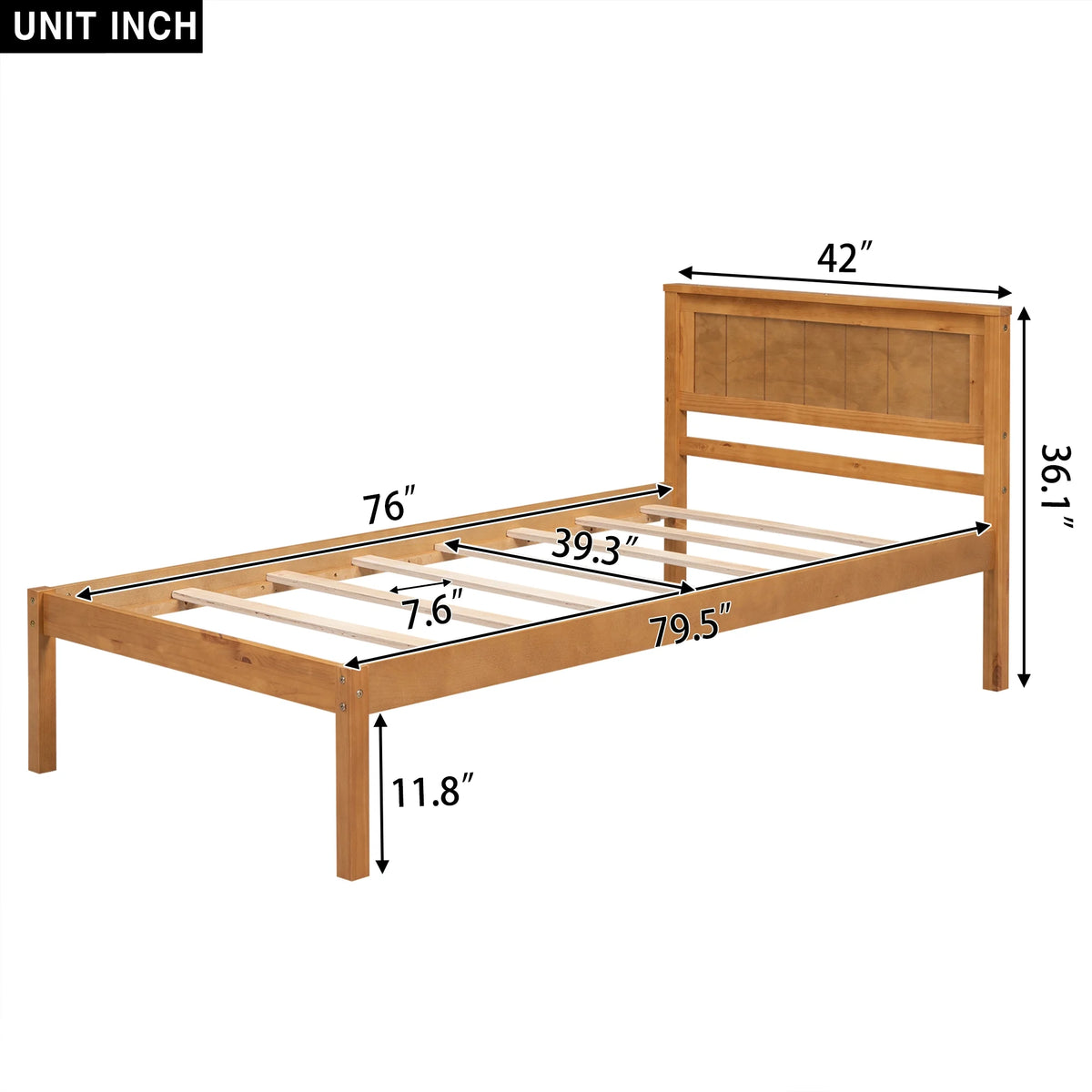 Euroco Twin Platform Bed, Modern Wood Frame Bed with Headboard and Slats for Kids Room, Oak