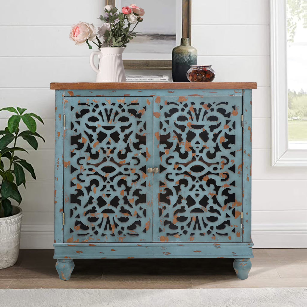 Sophia & William Hollow-Carved Credenzas and Sideboards, Wood Blue, 2 Shelves