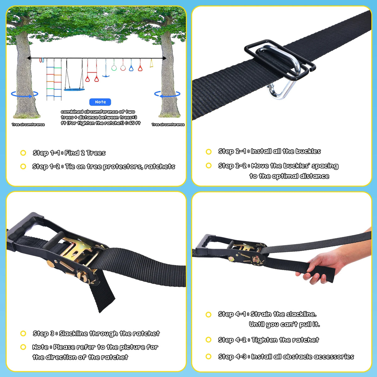 KloKick 65ft Ninja Warrior Obstacle Course for Kids �C Outdoor Backyard Set with Swing, Ninja Rope, 11 Obstacles, Slackline, Jungle Gym for Tree Installation