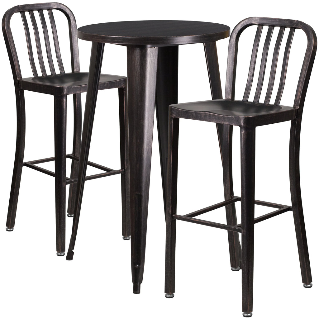 Flash Furniture Earl Commercial Grade 24" Round Silver Metal Indoor-Outdoor Bar Table Set with 2 Vertical Slat Back Stools