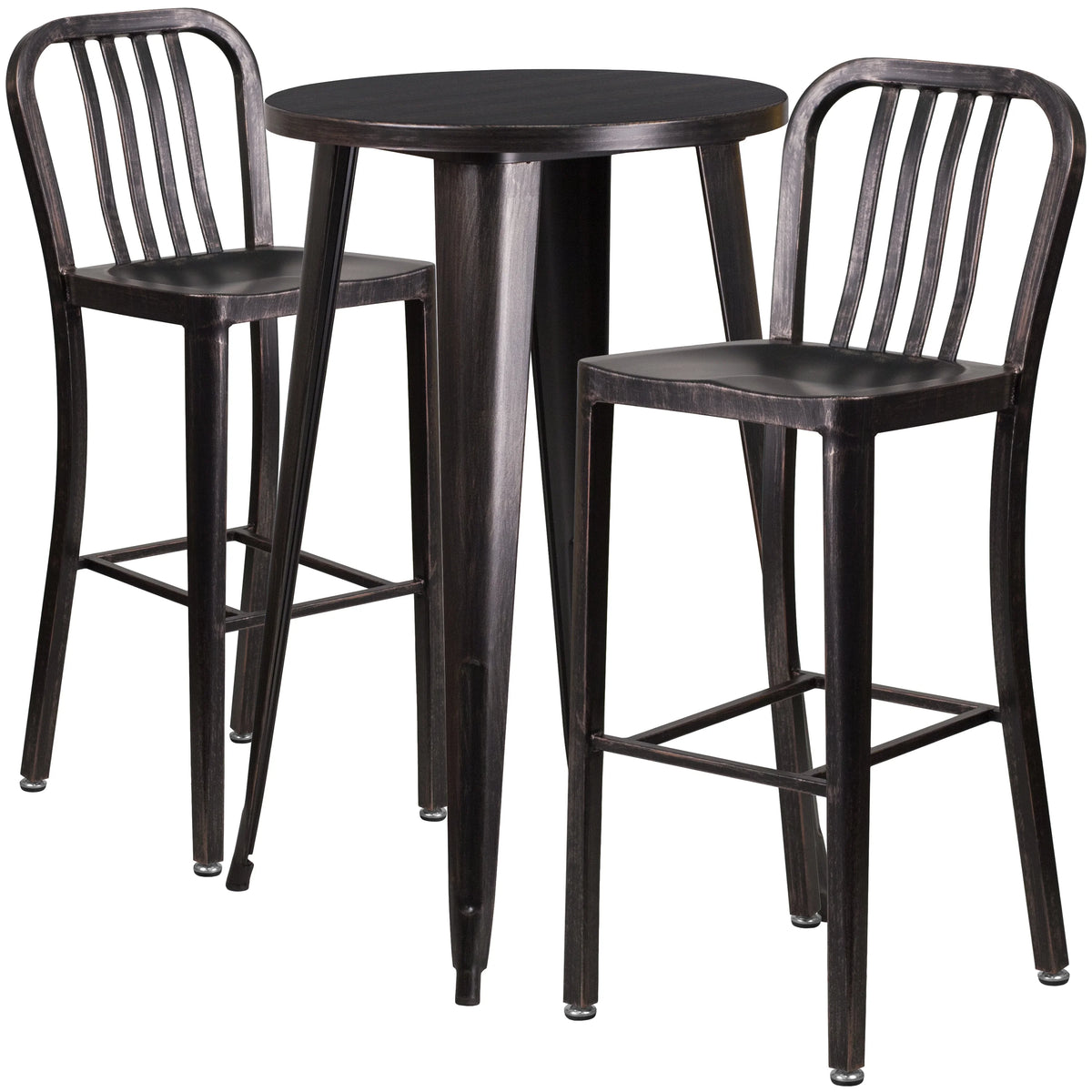 Flash Furniture Earl Commercial Grade 24" Round Silver Metal Indoor-Outdoor Bar Table Set with 2 Vertical Slat Back Stools