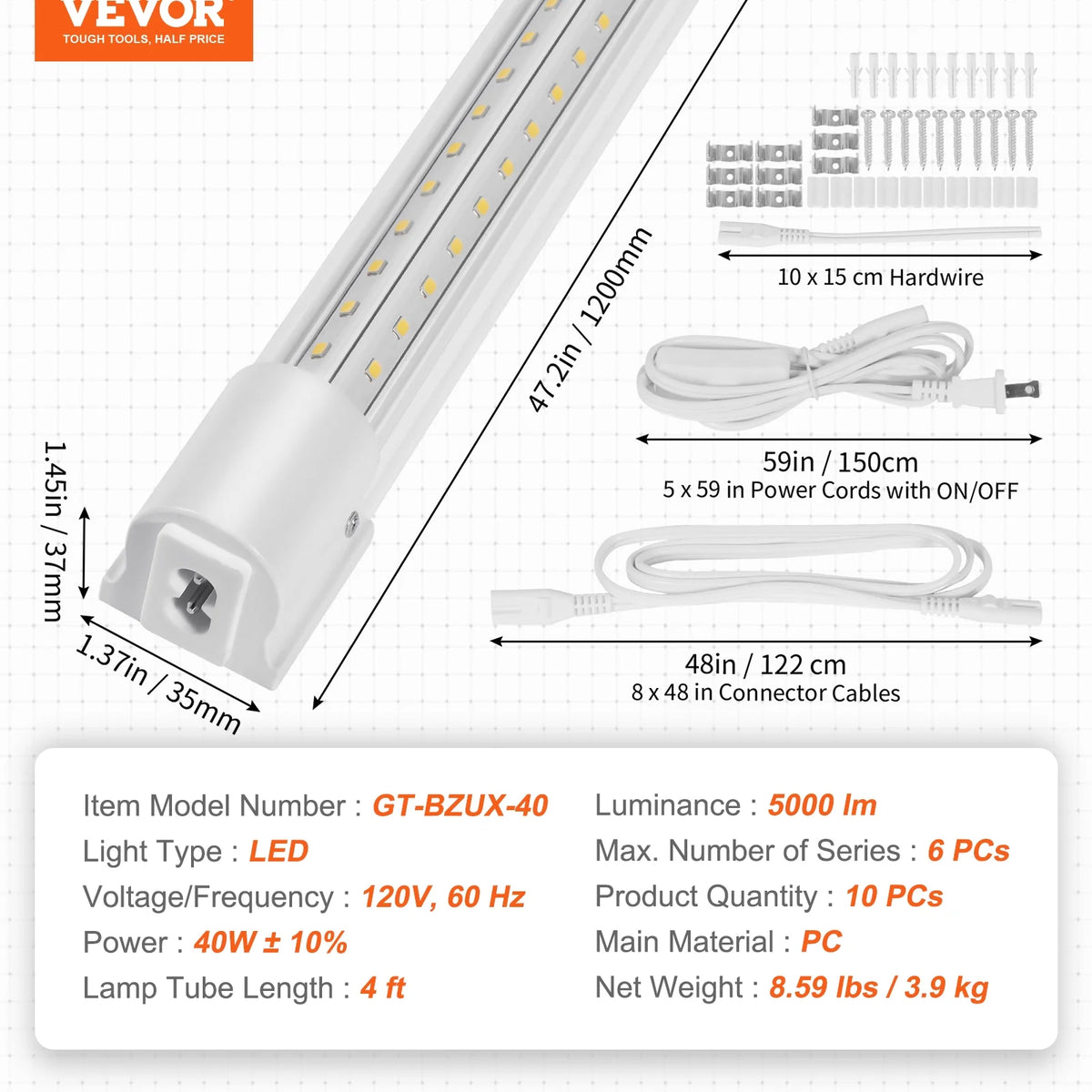 SKYSHALO 10 Pack 4 FT LED Shop Light 40W Linkable Ceiling Shop Light Fixture 6500LM