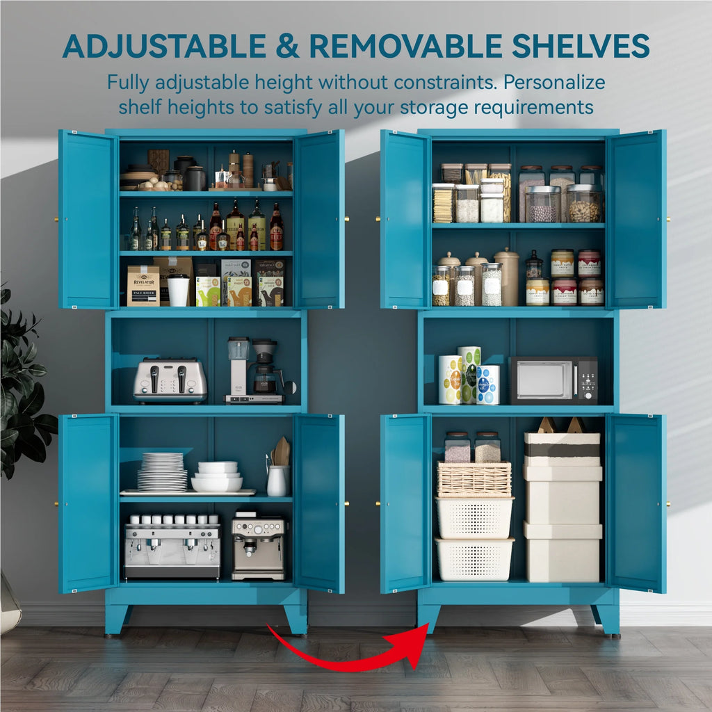 Elegant 69" Tall Modern Kitchen Pantry,Metal Storage Cabinet with Adjustable Shelves,Pantry Storage Cabinet for Kitchen,Dining Room,Living Room,Blue