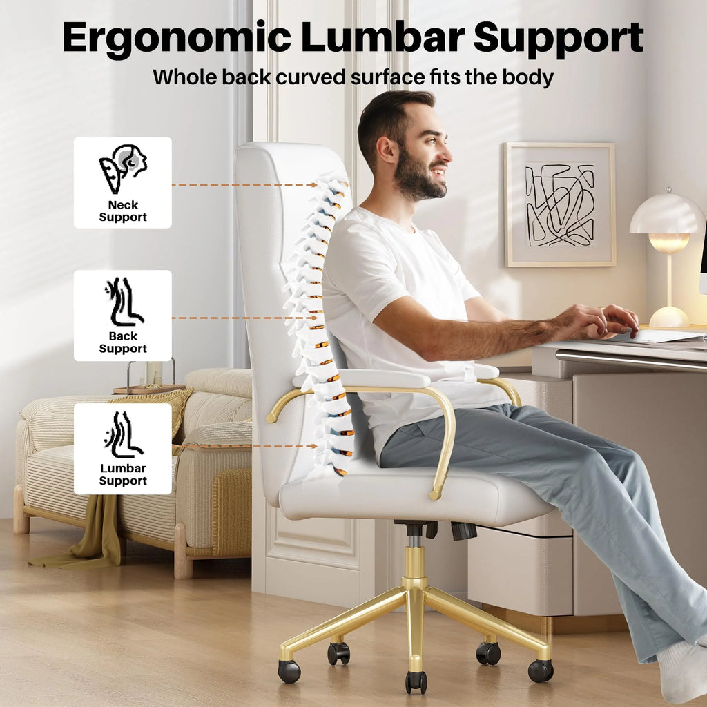 White and Gold Office Desk Chair Memory Foam, High Back Leather Executive Office Chair with Wheels and Arms for Women Girls Teens Adults