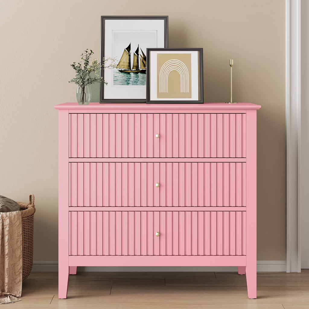 Heynemo Beige 6 Drawer Dresser, Fluted Modern Wood Chest