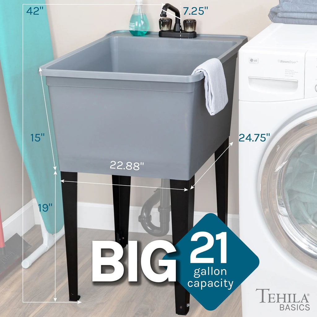 Tehila Freestanding Black Utility Sink with Black Faucet for Laundry Room