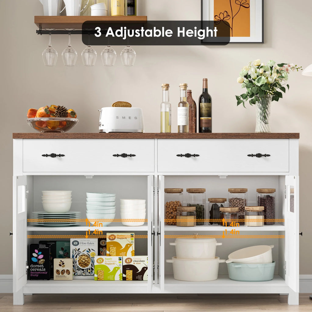 Homfa Farmhouse 55.1"WKitchen Buffet Cabinet with Storage Drawer & Adjustable Shelf, Glass Door Wood Sideboard Credenza Coffee Bar with for Dining Room Living Room, White & Black