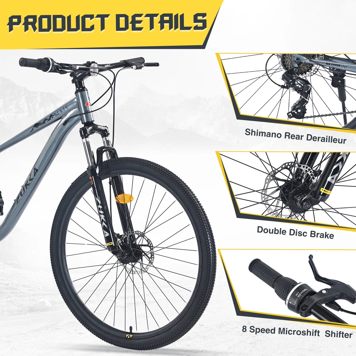 29" Mountain Bike 8 Speed Steel Frame City Bicycle with Front Suspension for Men Women, Gray