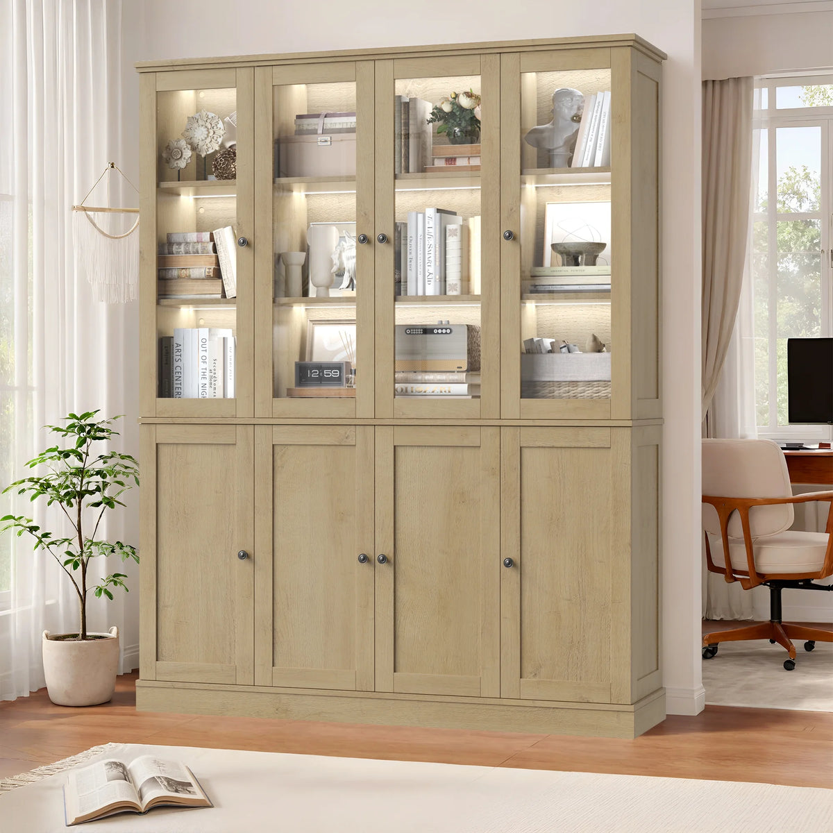 Homfa Kitchen Pantry Cabinet with Glass Doors, 74���� Tall Display Cabinets with LED & Adjustable Shelves for Living Room Office, White