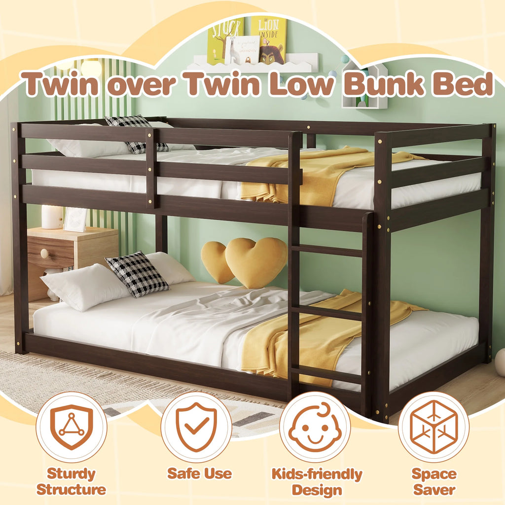 SESSLIFE Bunk Bed Twin Over Twin, Low Floor Bunk Bed with Guard Rails for Dorm, Small Space, No Box Spring Needed(White)