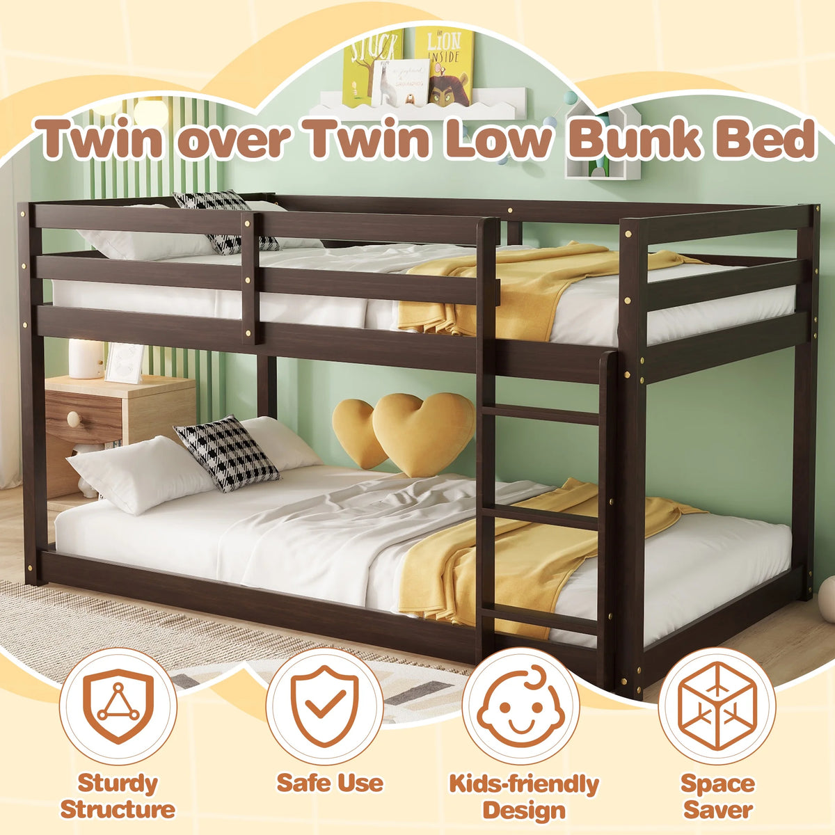 SESSLIFE Bunk Bed Twin Over Twin, Low Floor Bunk Bed with Guard Rails for Dorm, Small Space, No Box Spring Needed(White)
