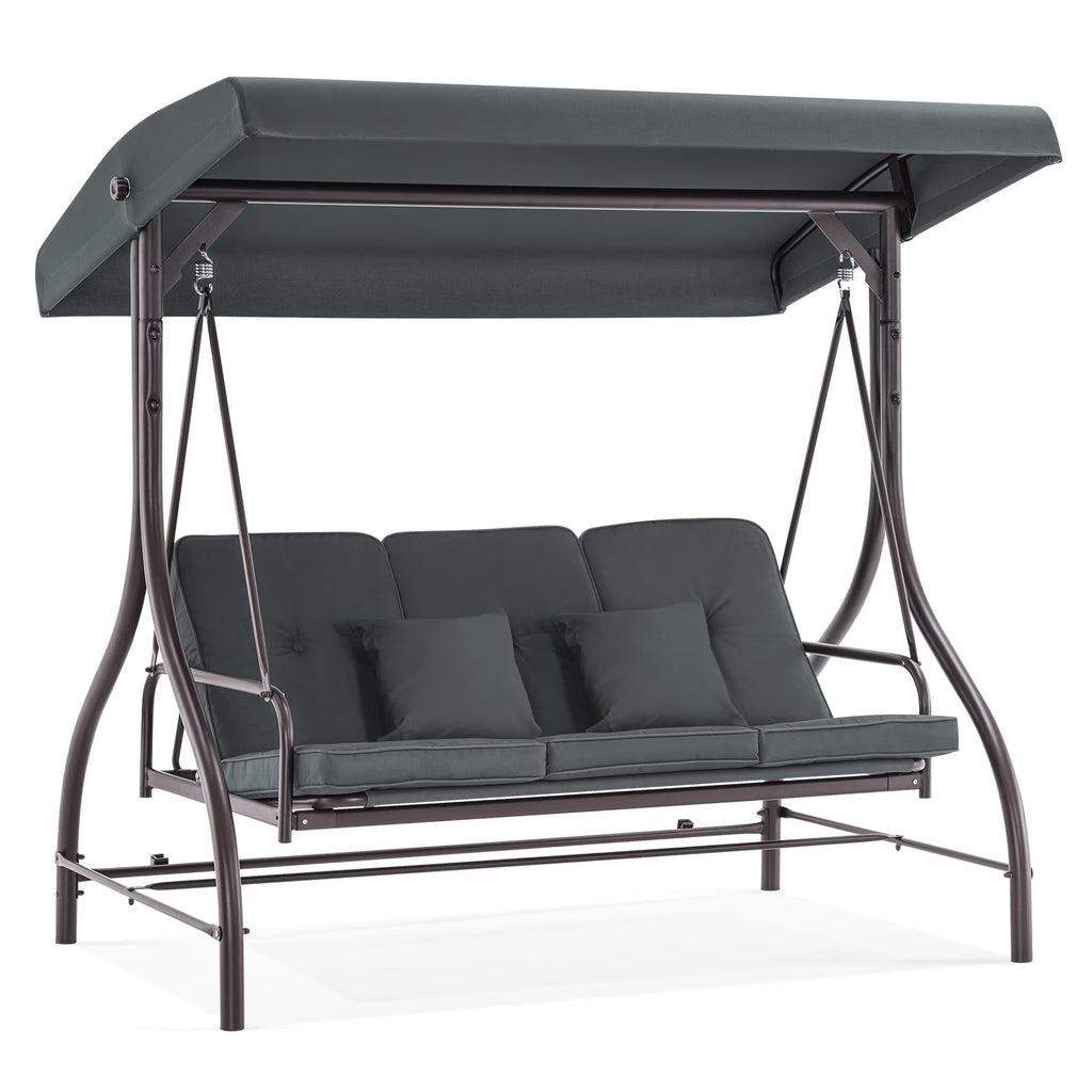 MCombo 3-Seat Outdoor Patio Swing Chair Cushioned with Adjustable Backrest and Canopy, Pillow, Brown