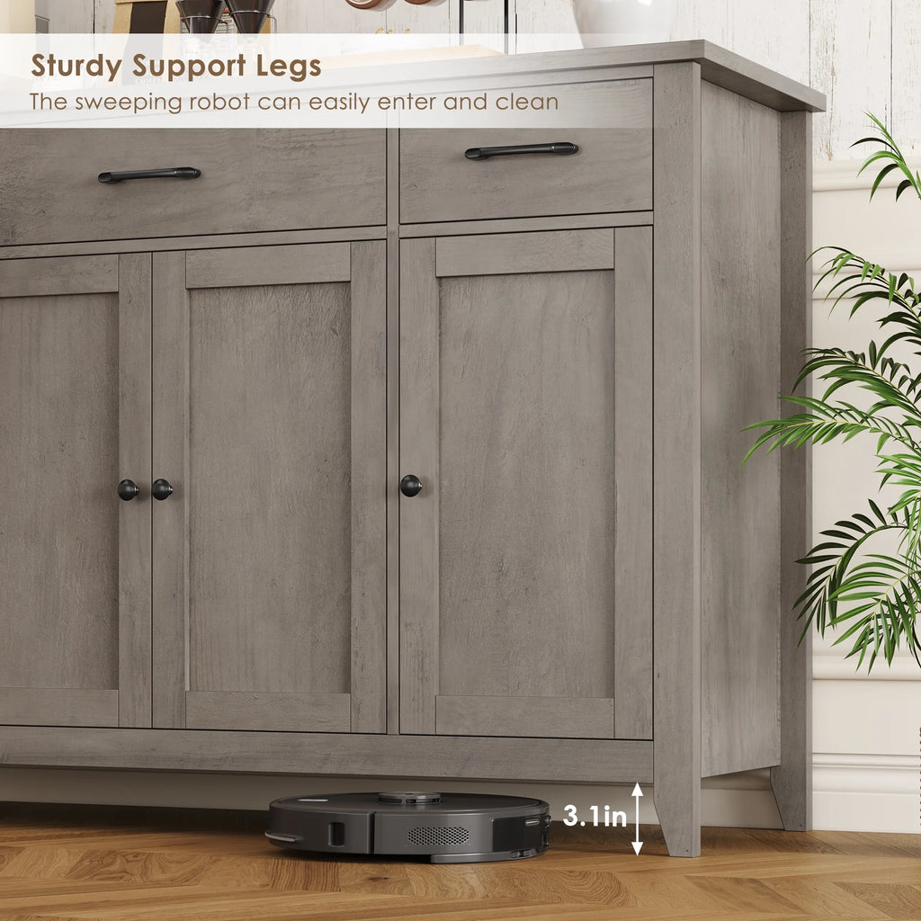 Hiphuta 55"Wide Buffet Cabinet with 2 Adjustable Shelves, Modern Farmhouse Coffee Bar with 3 Drawers and Sturdy Base for Living Room, White