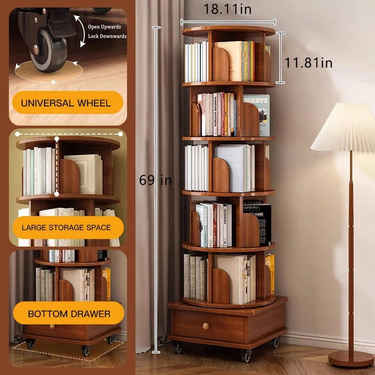 Qiushi 6-Tier Round Rotating Bookshelf with Storage Drawer, 360 Spinning Corner Bookshelf Tower for Small Space, Bookcase Storage Rack with Wheels, Wood Narrow Organizer for Bedroom, Living Room