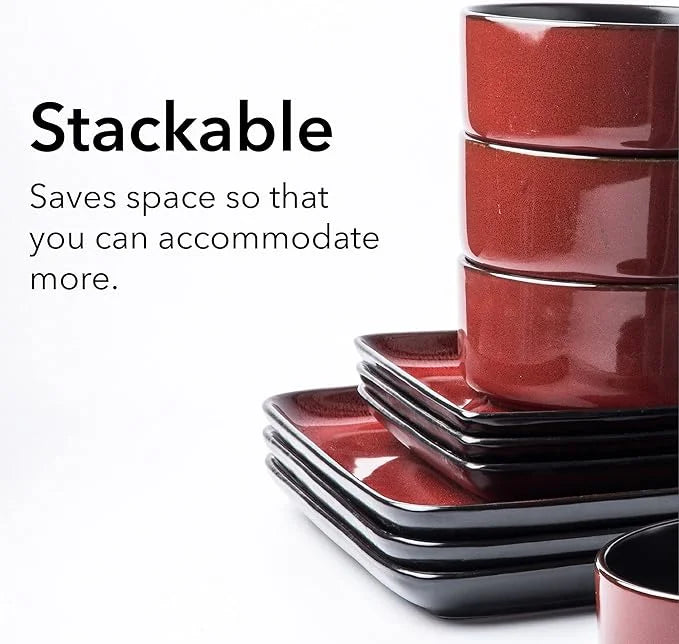 Square Stoneware 16pc Dinnerware Set for 4, Dinner Plates, Side Plates, Cereal Bowls, Mugs - Reactive Glaze Red