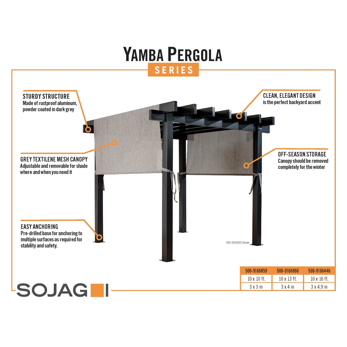 Sojag Outdoor 10' x 10' Yamba Pergola Square Shaped Gazebo, Dark Grey