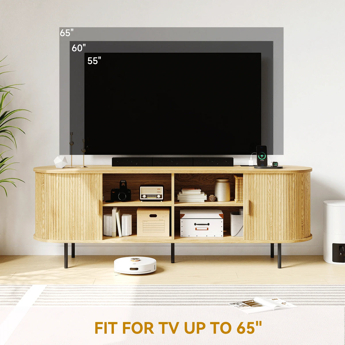 MARNUR 63" TV Stand for 70" TV, Wood Entertainment Center with Storage and Shelves, 2 Sliding Tambour Doors, Mid-Century Modern, Walnut