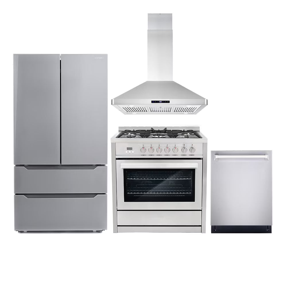 Cosmo 4 Piece Kitchen Appliance Packages with 36" Freestanding 220/240V Dual Fuel Range 36" Island Range Hood 24" Built-in Integrated Dishwasher & French Door Refrigerator Kitchen Appliance Bundles