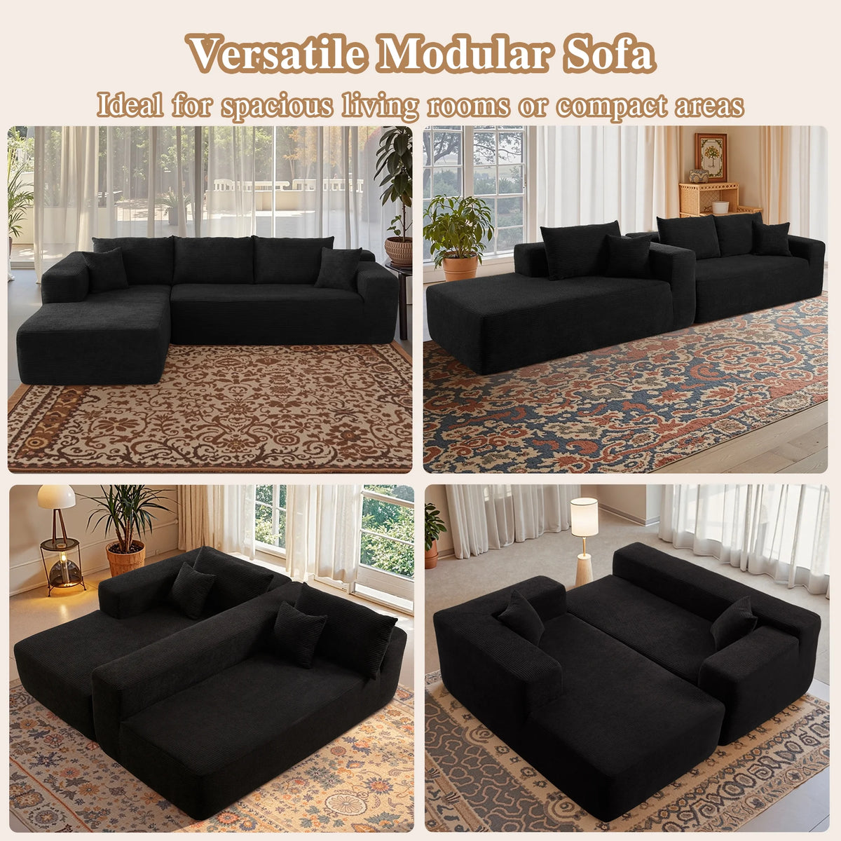 Ovios 106" L-Shaped Sectional Sofa Modern Modular Cloud Couch with Deep Seating Upholstered Sofa for Living Room Bedroom, No Assembly Required, Black(Corduroy)